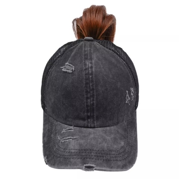 NWT “Perfectly Imperfect”Leather Patch Distressed Ponytail Trucker Hat - Picture 10 of 15
